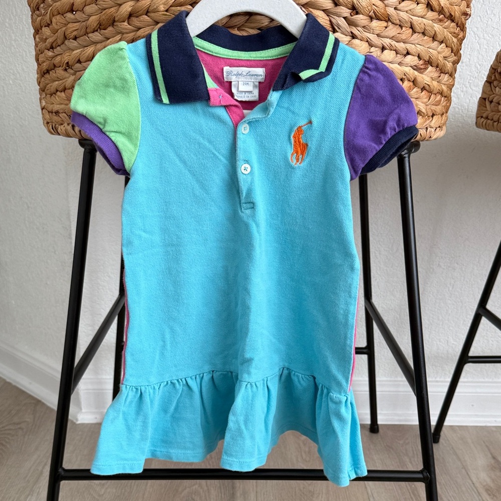 Ralph Lauren Multicolor Polo Dress Colorblock Ruffle Hem Toddler Girl 24 Months